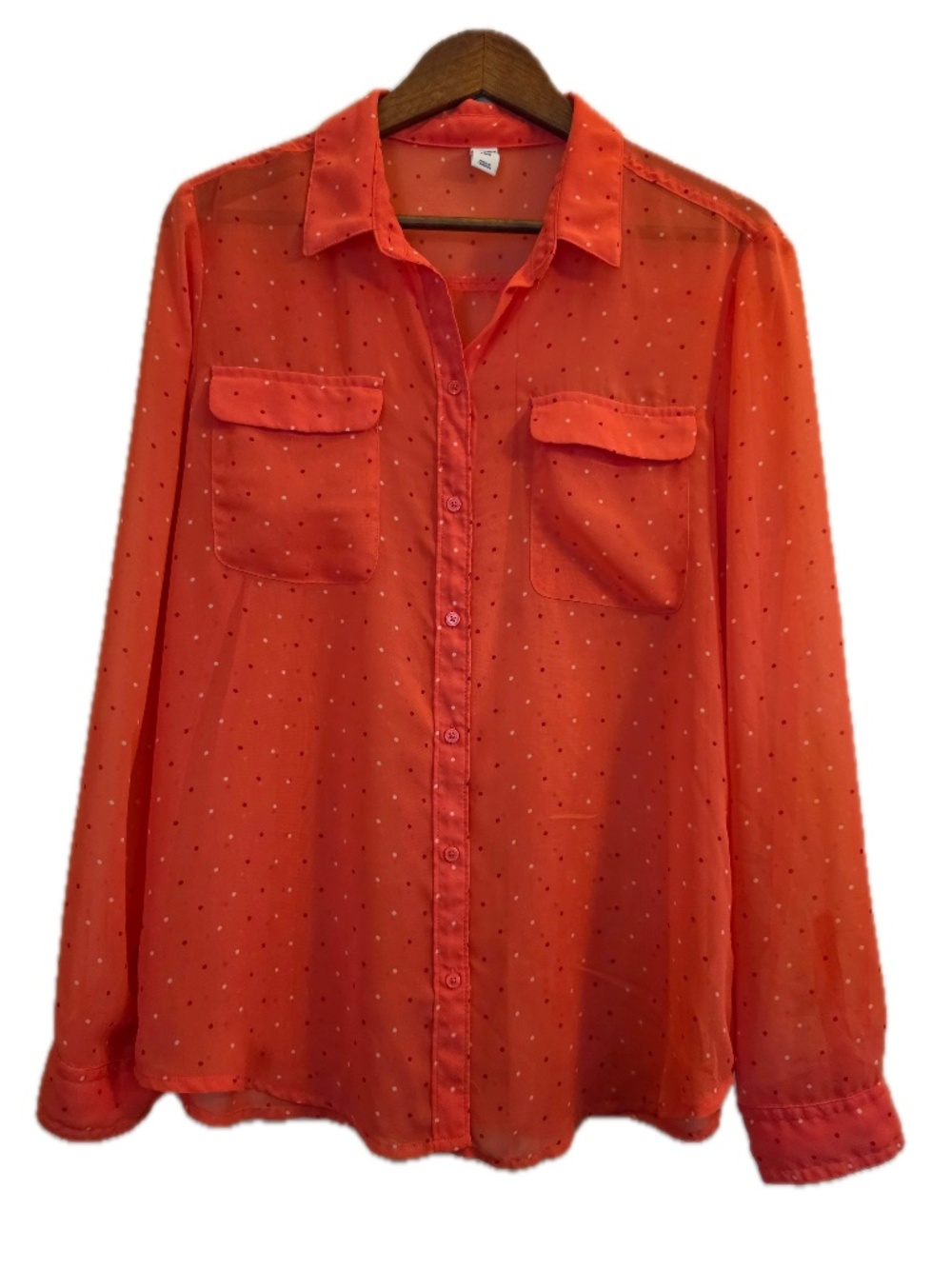 Old Navy Blouse Womens L Orange Polka Dot Sheer‎ Lightweight Chiffon Relaxed Fit
